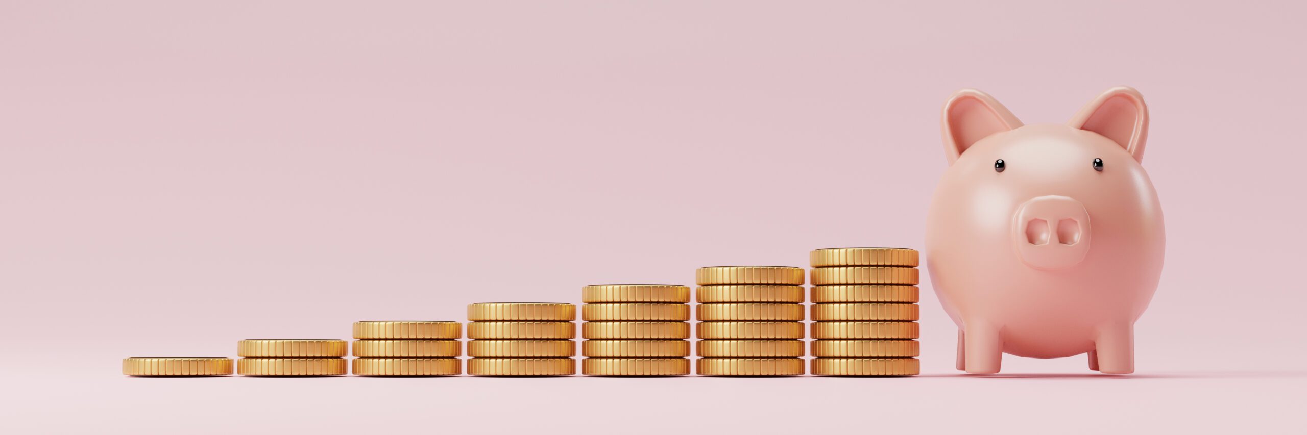 Increase coins stacking with pink piggy bank for web banner design and growth deposit money saving of business investment concept by 3d render illustration.