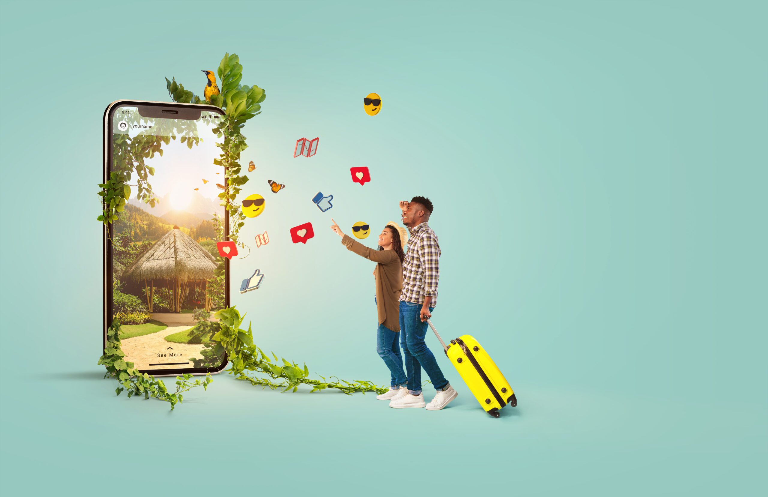 Cheery millennial black couple walking with suitcase, traveling together, having summer vacation on blue studio background, banner design. Young African American spouses having tour, enjoying voyage